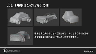 #ue4fest#ue4fest
よし！モデリングしちゃう!!!
考えるより先に作っちゃう派なので、あっと言う間に試作の
クルマ素体が積みあがっていく…若干迷走する…
 