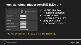 #ue4fest#ue4fest
Vehicle Wheel Blueprintの最重要ポイント
• Lat Stiff Max Load
• 速度に対する操舵応答性
• Lat Stiff Value
• 横方向のタイヤグリップ力
• Lon...