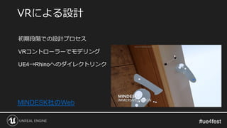 #ue4fest#ue4fest
初期段階での設計プロセス
VRコントローラーでモデリング
UE4→Rhinoへのダイレクトリンク
VRによる設計
MINDESK社のWeb
 