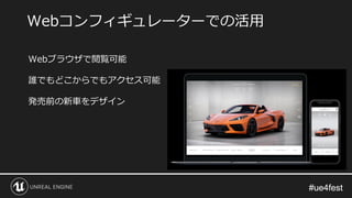 #ue4fest#ue4fest
Webコンフィギュレーターでの活用
Webブラウザで閲覧可能
誰でもどこからでもアクセス可能
発売前の新車をデザイン
 