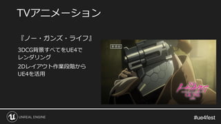 #ue4fest#ue4fest
TVアニメーション
『ノー・ガンズ・ライフ』
3DCG背景すべてをUE4で
レンダリング
2Dレイアウト作業段階から
UE4を活用
 