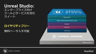 #ue4fest#ue4fest
Unreal Studio:
エンタープライズ向け
ツールとサービスを含む
スイート
ロイヤリティフリー
無料ベータ入手可能
 
