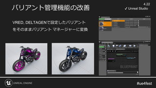 #ue4fest#ue4fest
VRED, DELTAGENで設定したバリアント
をそのままバリアント マネージャーに変換
バリアント管理機能の改善
4.22
✔ Unreal Studio
 
