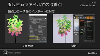 #ue4fest#ue4fest
3ds Maxファイルでの改善点
3ds Max
頂点カラー情報のインポートに対応
UE4
4.22
✔ Unreal Studio
 