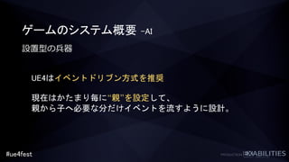 #ue4fest
ゲームのシステム概要 –AI
設置型の兵器
UE4はイベントドリブン方式を推奨
現在はかたまり毎に“親”を設定して、
親から子へ必要な分だけイベントを流すように設計。
 