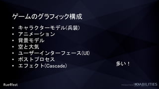 #ue4fest
ゲームのグラフィック構成
• キャラクターモデル(兵装)
• アニメーション
• 背景モデル
• 空と大気
• ユーザーインターフェース(UI)
• ポストプロセス
• エフェクト(Cascade) 多い！
 