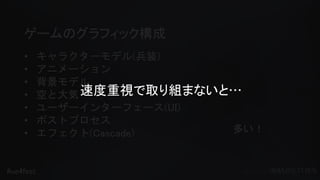 #ue4fest
ゲームのグラフィック構成
• キャラクターモデル(兵装)
• アニメーション
• 背景モデル
• 空と大気
• ユーザーインターフェース(UI)
• ポストプロセス
• エフェクト(Cascade) 多い！
速度重視で取り組まないと…
 