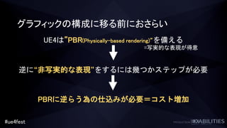 #ue4fest
グラフィックの構成に移る前におさらい
UE4は”PBR(Physically-based rendering)”を備える
逆に“非写実的な表現”をするには幾つかステップが必要
PBRに逆らう為の仕込みが必要＝コスト増加
=写実的な表現が得意
 
