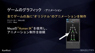 #ue4fest
ゲームのグラフィック –アニメーション
全てゲームの為に”オリジナル”のアニメーションを制作
アニメーター：Midzuki氏
ソフト：Maya
Mayaの”Human IK”を使用し、
アニメーション制作を依頼
 