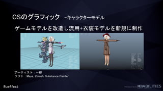#ue4fest
CSのグラフィック –キャラクターモデル
ゲームモデルを改造し流用+衣装モデルを新規に制作
アーティスト：一柳
ソフト：Maya, Zbrush, Substance Painter
 