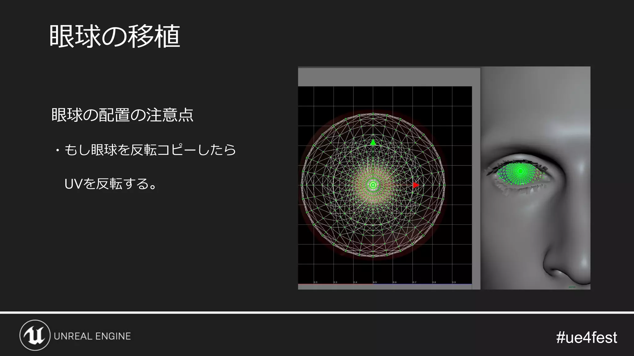 #ue4fest#ue4fest
眼球の配置の注意点
・もし眼球を反転コピーしたら
UVを反転する。
眼球の移植
 