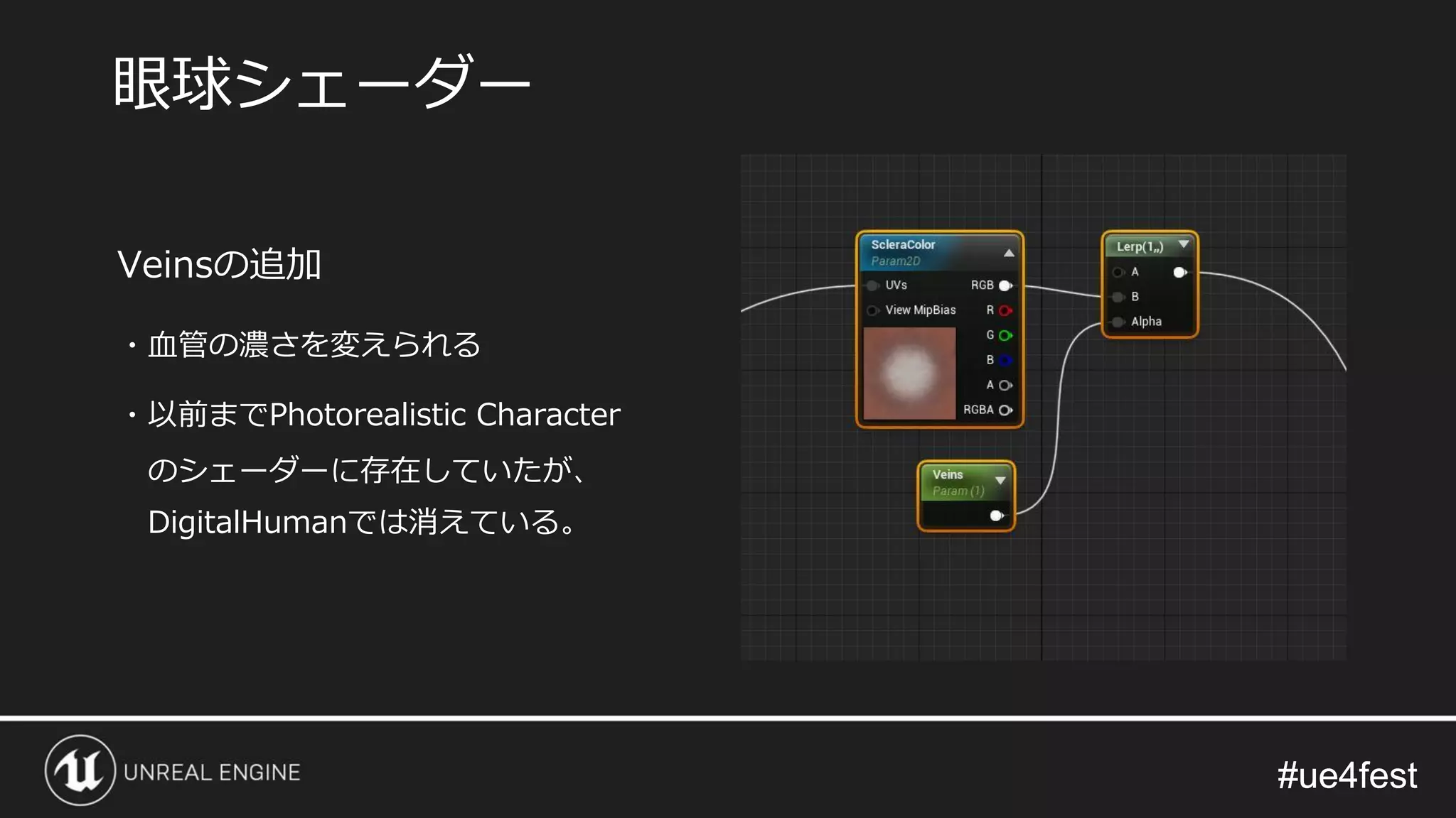 #ue4fest#ue4fest
Veinsの追加
・血管の濃さを変えられる
・以前までPhotorealistic Character
のシェーダーに存在していたが、
DigitalHumanでは消えている。
眼球シェーダー
 