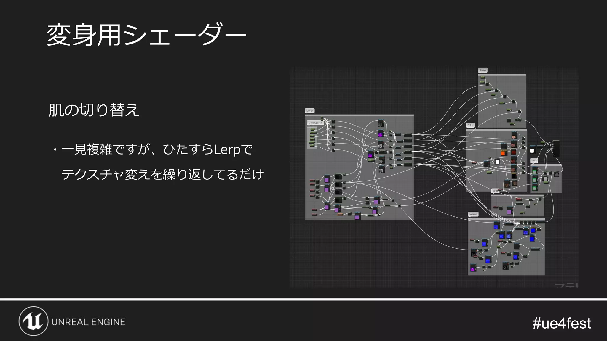 #ue4fest#ue4fest
肌の切り替え
・一見複雑ですが、ひたすらLerpで
テクスチャ変えを繰り返してるだけ
変身用シェーダー
 