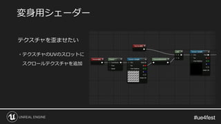 #ue4fest#ue4fest
テクスチャを歪ませたい
・テクスチャのUVのスロットに
スクロールテクスチャを追加
変身用シェーダー
 