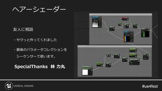 #ue4fest#ue4fest
友人に相談
・サクっと作ってくれました
・最後のパラメータコレクションを
シーケンサーで使います。
SpecialThanks 林 力丸
ヘアーシェーダー
 