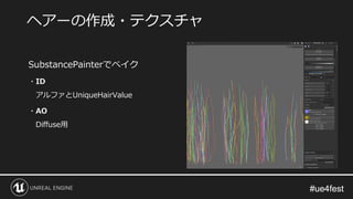 #ue4fest#ue4fest
SubstancePainterでベイク
・ID
アルファとUniqueHairValue
・AO
Diffuse用
ヘアーの作成・テクスチャ
 