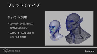 #ue4fest#ue4fest
ジョイントの移動
・ローモデル(今回はSdiv2)
をmayaに読み込む
・人間パートで入れておいた
ジョイントを移動
ブレンドシェイプ
 