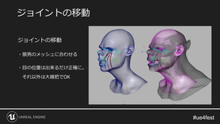 #ue4fest#ue4fest
ジョイントの移動
・狼男のメッシュに合わせる
・目の位置は出来るだけ正確に。
それ以外は大雑把でOK
ジョイントの移動
 