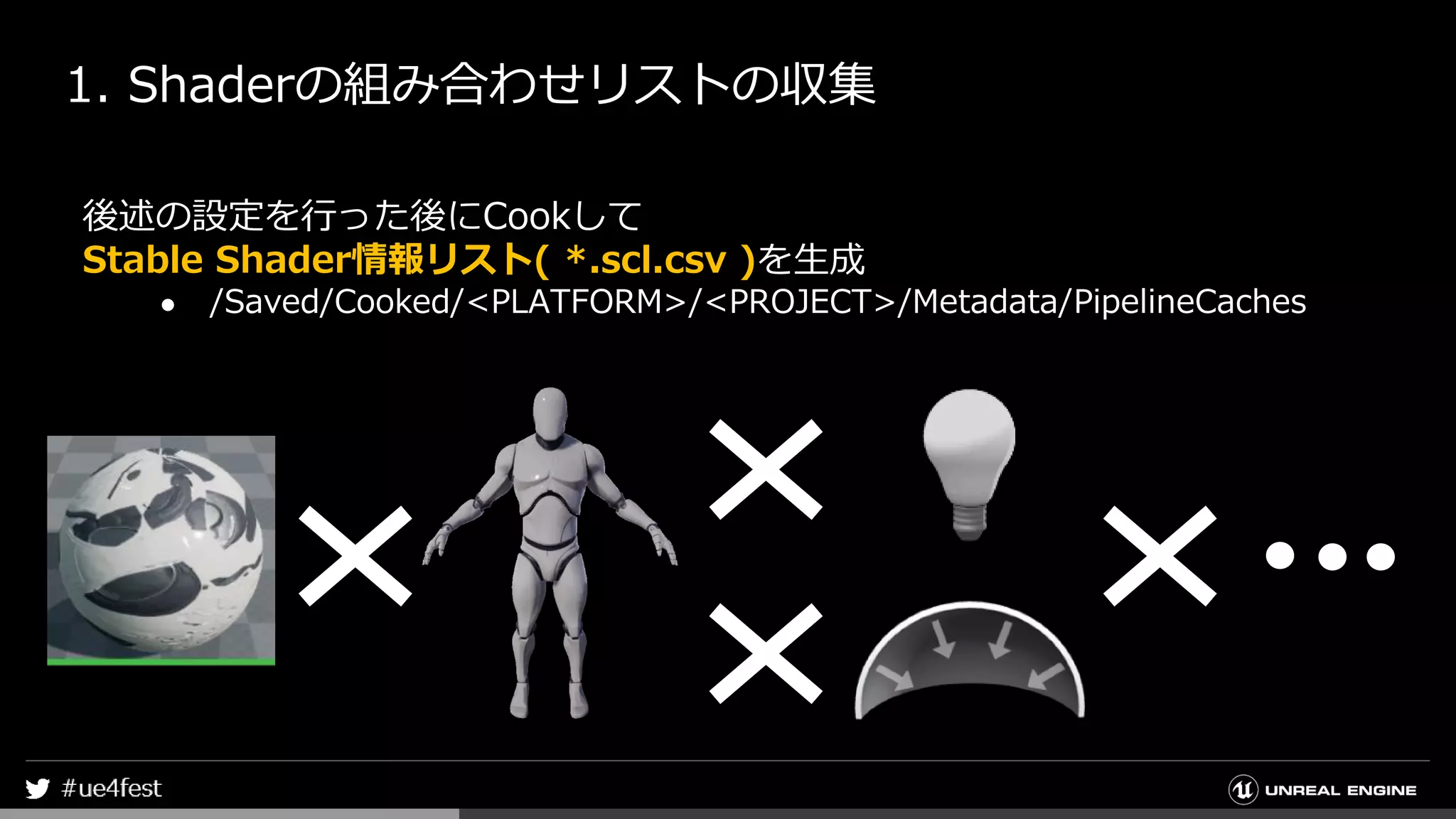 1. Shaderの組み合わせリストの収集
後述の設定を行った後にCookして
Stable Shader情報リスト( *.scl.csv )を生成
● /Saved/Cooked/<PLATFORM>/<PROJECT>/Metadata/PipelineCaches
 