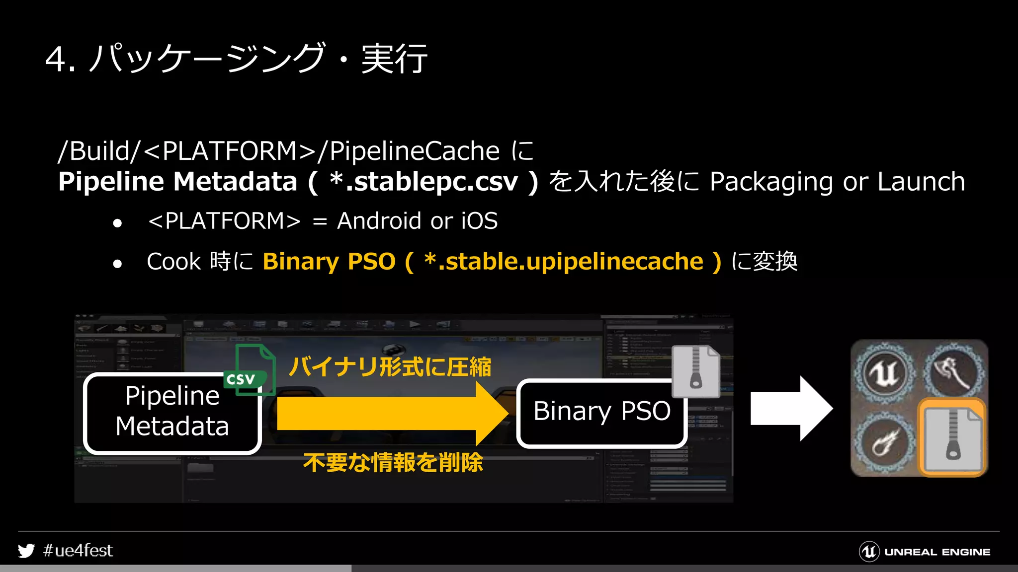 4. パッケージング・実行
/Build/<PLATFORM>/PipelineCache に
Pipeline Metadata ( *.stablepc.csv ) を入れた後に Packaging or Launch
● <PLATFORM> = Android or iOS
● Cook 時に Binary PSO ( *.stable.upipelinecache ) に変換
Pipeline
Metadata
Binary PSO
バイナリ形式に圧縮
不要な情報を削除
 