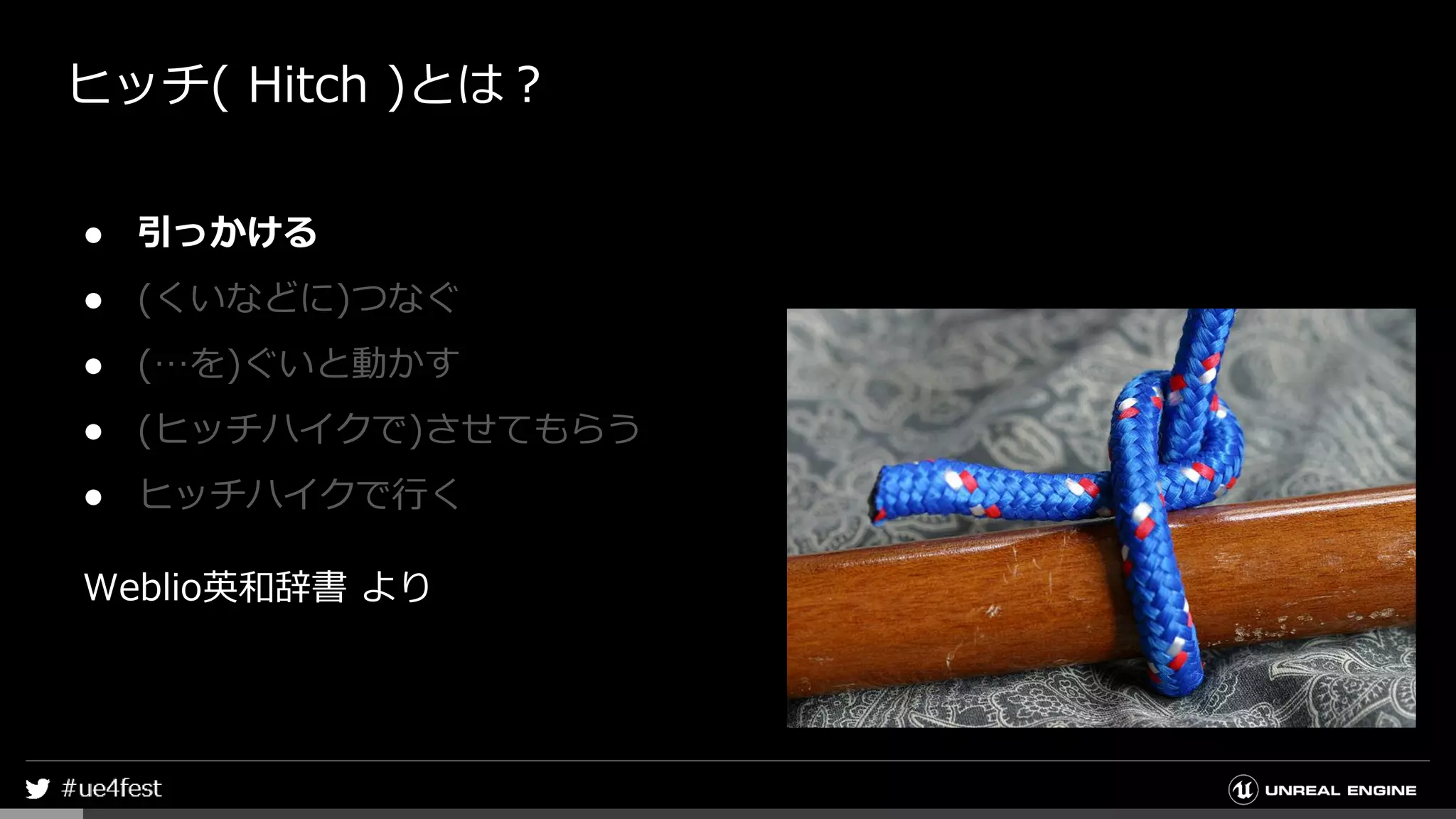 ヒッチ( Hitch )とは？
● 引っかける
● (くいなどに)つなぐ
● (…を)ぐいと動かす
● (ヒッチハイクで)させてもらう
● ヒッチハイクで行く
Weblio英和辞書 より
 