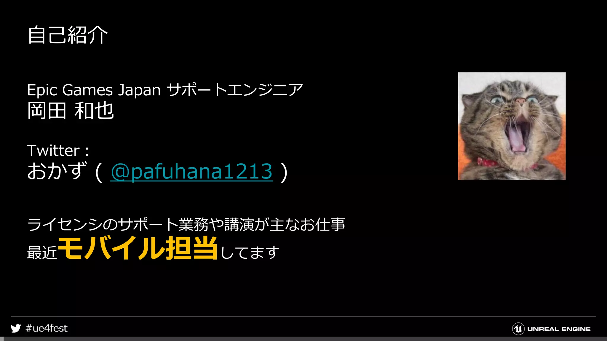 自己紹介
Epic Games Japan サポートエンジニア
岡田 和也
Twitter：
おかず ( @pafuhana1213 )
ライセンシのサポート業務や講演が主なお仕事
最近モバイル担当してます
 