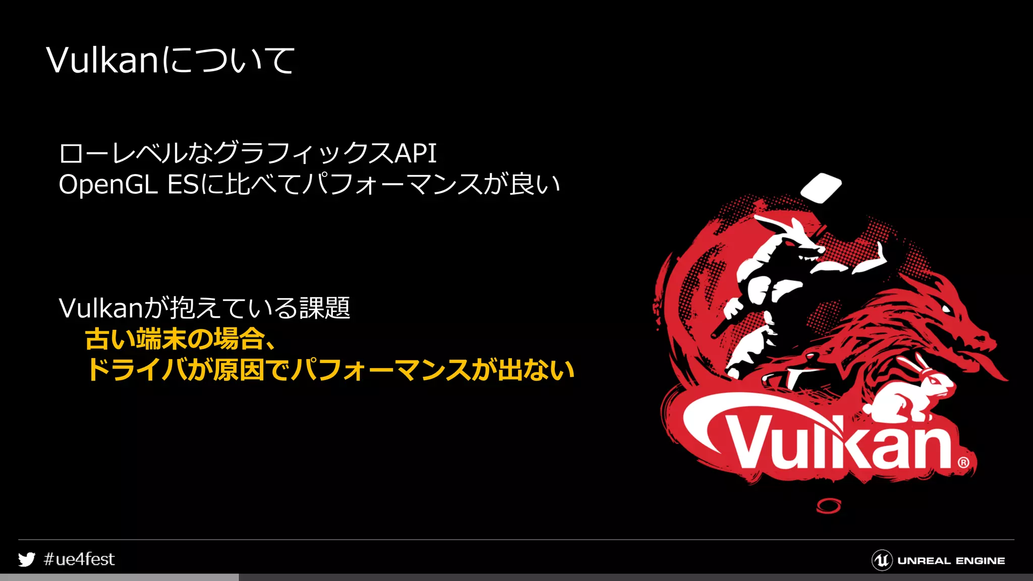 Vulkanについて
ローレベルなグラフィックスAPI
OpenGL ESに比べてパフォーマンスが良い
Vulkanが抱えている課題
古い端末の場合、
ドライバが原因でパフォーマンスが出ない
 