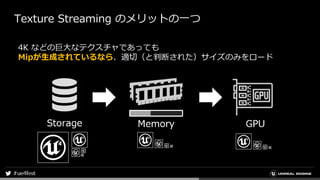 Texture Streaming のメリットの一つ
4K などの巨大なテクスチャであっても
Mipが生成されているなら、適切（と判断された）サイズのみをロード
 