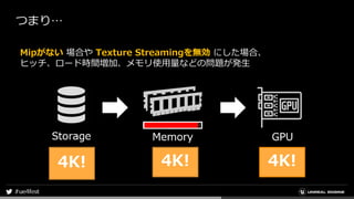 つまり…
Mipがない 場合や Texture Streamingを無効 にした場合、
ヒッチ、ロード時間増加、メモリ使用量などの問題が発生
4K! 4K! 4K!
 