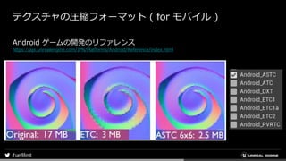 テクスチャの圧縮フォーマット ( for モバイル )
Android ゲームの開発のリファレンス
https://api.unrealengine.com/JPN/Platforms/Android/Reference/index.html
 