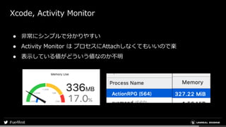 Xcode, Activity Monitor
● 非常にシンプルで分かりやすい
● Activity Monitor は プロセスにAttachしなくてもいいので楽
● 表示している値がどういう値なのか不明
 