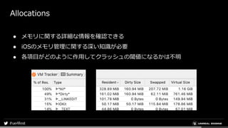 Allocations
● メモリに関する詳細な情報を確認できる
● iOSのメモリ管理に関する深い知識が必要
● 各項目がどのように作用してクラッシュの閾値になるかは不明
 
