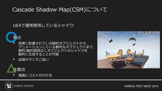 UNREAL FEST WEST 2018
△
UE4で通常使用しているシャドウ
利点
• 背景に配置されている静的オブジェクトから、
アニメーションしている動的なオブジェクトまで、
静的/動的関係なくオブジェクトのシャドウを
動的に生成することが可能
• 品質がそこそこ良い
注意点
• 描画にコストがかかる
Cascade Shadow Map(CSM)について
 
