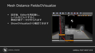 UNREAL FEST WEST 2018
• 設定後、Editorを再起動し、
レベルをビルドすると、
事前計算データが作られます
• ShowのVisualizeから確認できます
Mesh Distance FieldsのVisualize
 