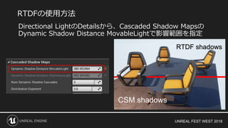 UNREAL FEST WEST 2018
Directional LightのDetailsから、Cascaded Shadow Mapsの
Dynamic Shadow Distance MovableLightで影響範囲を指定
RTDFの使用方法
CSM shadows
RTDF shadows
 
