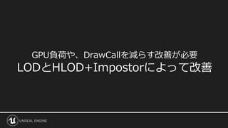 GPU負荷や、DrawCallを減らす改善が必要
LODとHLOD+Impostorによって改善
 