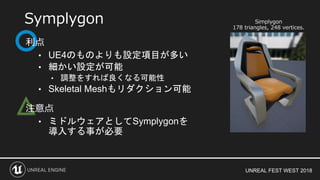 UNREAL FEST WEST 2018
△
利点
• UE4のものよりも設定項目が多い
• 細かい設定が可能
• 調整をすれば良くなる可能性
• Skeletal Meshもリダクション可能
注意点
• ミドルウェアとしてSymplygonを
導入する事が必要
Symplygon Simplygon
178 triangles, 248 vertices.
 