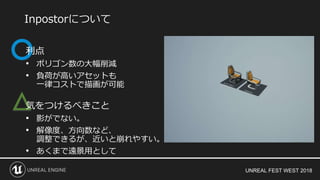 UNREAL FEST WEST 2018
△
利点
• ポリゴン数の大幅削減
• 負荷が高いアセットも
一律コストで描画が可能
気をつけるべきこと
• 影がでない。
• 解像度、方向数など、
調整できるが、近いと崩れやすい。
• あくまで遠景用として
Inpostorについて
 