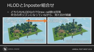 UNREAL FEST WEST 2018
• どちらもHLODなのでDraw call数は同等
半分のポリゴンになっていながら、見た目が綺麗
HLODとInposter組合せ
 