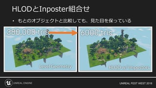 UNREAL FEST WEST 2018
• もとのオブジェクトと比較しても、見た目を保っている
HLODとInposter組合せ
1/2以下
 