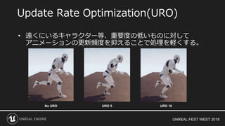 UNREAL FEST WEST 2018
• 遠くにいるキャラクター等、重要度の低いものに対して
アニメーションの更新頻度を抑えることで処理を軽くする。
Update Rate Optimization(URO)
No URO URO 5 URO 10
 