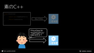 #UE4 | @UNREALENGINE
class FYourClass
{
static void HogeHogeFunc();
FVector FooLocation;
}
素のC++
コンパイル
“FYourClass”の
“HogeHogeFunc”
はありますか？
 