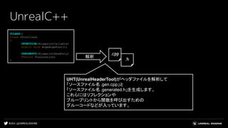 #UE4 | @UNREALENGINE
UnrealC++
UCLASS()
Class UYourClass
{
UFUNCTION(BlueprintCallable)
Static void HogeHogeFunc();
UPROPEPTY(BlueprintReadOnly)
FVector FooLocation;
}
解析
.cpp
.h
UHT(UnrealHeaderTool)がヘッダファイルを解析して
「ソースファイル名.gen.cpp」と
「ソースファイル名.generated.h」を生成します。
これらにはリフレクションや
ブループリントから関数を呼び出すための
グルーコードなどが入っています。
 