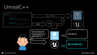 #UE4 | @UNREALENGINE
UnrealC++
UCLASS()
Class UYourClass
{
UFUNCTION(BlueprintCallable)
Static void HogeHogeFunc();
UPROPEPTY(BlueprintReadOnly)
FVector FooLocation;
}
知っていますとも！
コンパイル
解析
.cpp
.h
“UYourClass”の
“HogeHogeFunc”
はありますか？
知りません
 
