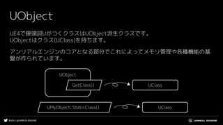 #UE4 | @UNREALENGINE
UObject
UE4で接頭詞UがつくクラスはUObject派生クラスです。
UObjectはクラス(UClass)を持ちます。
アンリアルエンジンのコアとなる部分でこれによってメモリ管理や各種機能の基
盤が作られています。
UObject
GetClass() UClass
UMyObject::StaticClass() UClass
 