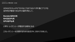 UE4のスレッド間の流れ まとめ
UE4はどのスレッドも”行けるところまでなるべく早く動こう”とする
並列性が確保できるがその副作用として、
RenderはRHIを
RHIはGPUを
GPUはFlipを
と待ち、レイテンシーが増加する傾向にある
このレイテンシーを改善するための設定が4.19からできました。
 