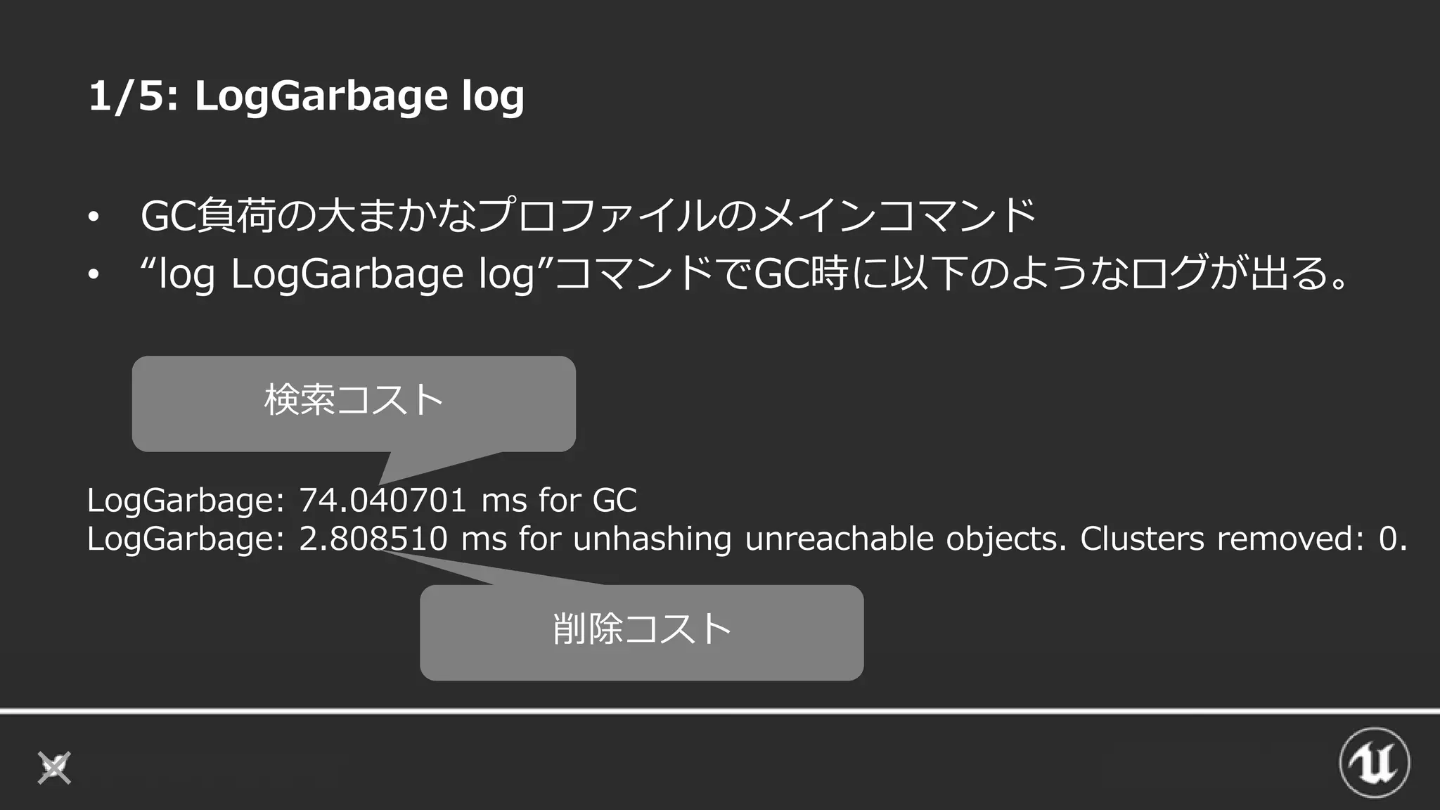 1/5: LogGarbage log
• GC負荷の大まかなプロファイルのメインコマンド
• “log LogGarbage log”コマンドでGC時に以下のようなログが出る。
LogGarbage: 74.040701 ms for GC
LogGarbage: 2.808510 ms for unhashing unreachable objects. Clusters removed: 0.
検索コスト
削除コスト
 