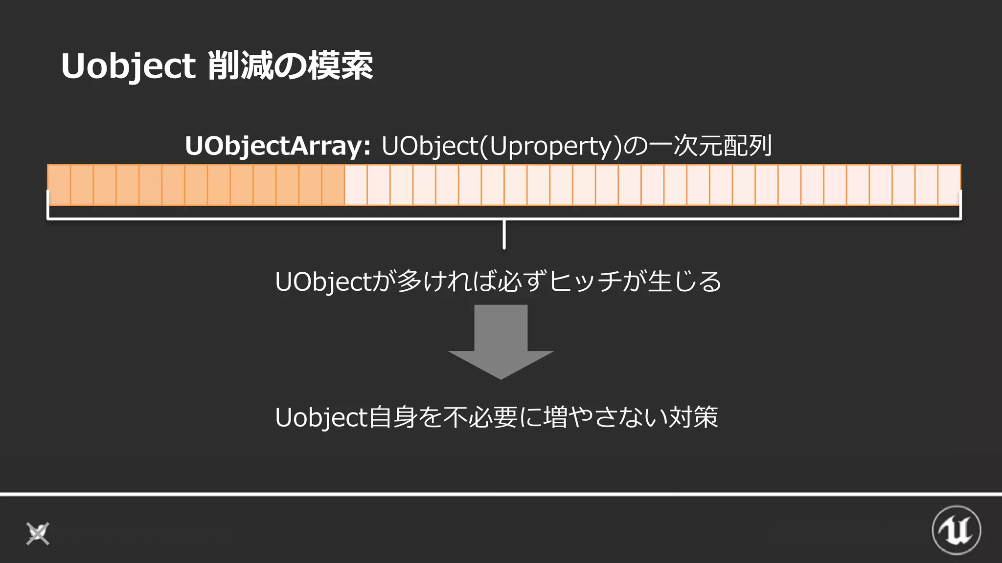 Uobject 削減の模索
UObjectArray: UObject(Uproperty)の一次元配列
UObjectが多ければ必ずヒッチが生じる
Uobject自身を不必要に増やさない対策
 