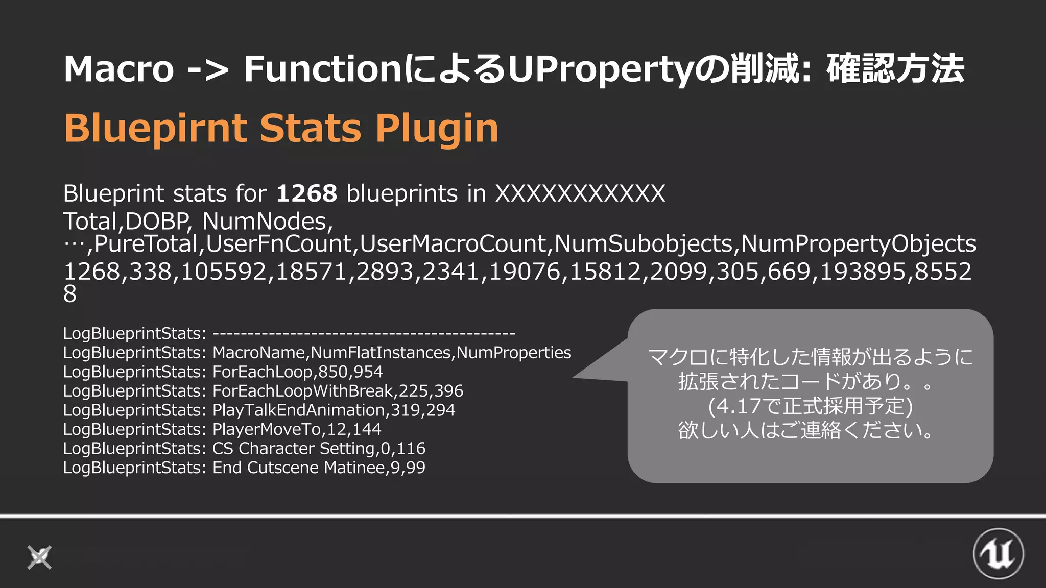 Macro -> FunctionによるUPropertyの削減: 確認方法
Bluepirnt Stats Plugin
Blueprint stats for 1268 blueprints in XXXXXXXXXXX
Total,DOBP, NumNodes,
…,PureTotal,UserFnCount,UserMacroCount,NumSubobjects,NumPropertyObjects
1268,338,105592,18571,2893,2341,19076,15812,2099,305,669,193895,8552
8
LogBlueprintStats: -------------------------------------------
LogBlueprintStats: MacroName,NumFlatInstances,NumProperties
LogBlueprintStats: ForEachLoop,850,954
LogBlueprintStats: ForEachLoopWithBreak,225,396
LogBlueprintStats: PlayTalkEndAnimation,319,294
LogBlueprintStats: PlayerMoveTo,12,144
LogBlueprintStats: CS Character Setting,0,116
LogBlueprintStats: End Cutscene Matinee,9,99
マクロに特化した情報が出るように
拡張されたコードがあり。。
(4.17で正式採用予定)
欲しい人はご連絡ください。
 