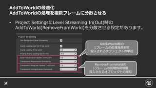 AddToWorldの最適化
AddToWorldの処理を複数フレームに分散させる
• Project SettingsにLevel Streaming In(Out)時の
AddToWorld(RemoveFromWorld)を分散させる設定があります。
AddToWorld時の
1フレームの処理負荷制限
投入されるオブジェクトの単位
RemoveFromWorldの
1フレームの処理負荷制限
投入されるオブジェクトの単位
 